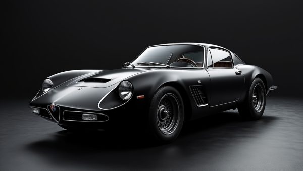 l’alfa romeo 33 stradale révèle une allure saisissante avec sa nouvelle finition noir mat, qui souligne ses lignes sculpturales et son caractère exclusif.